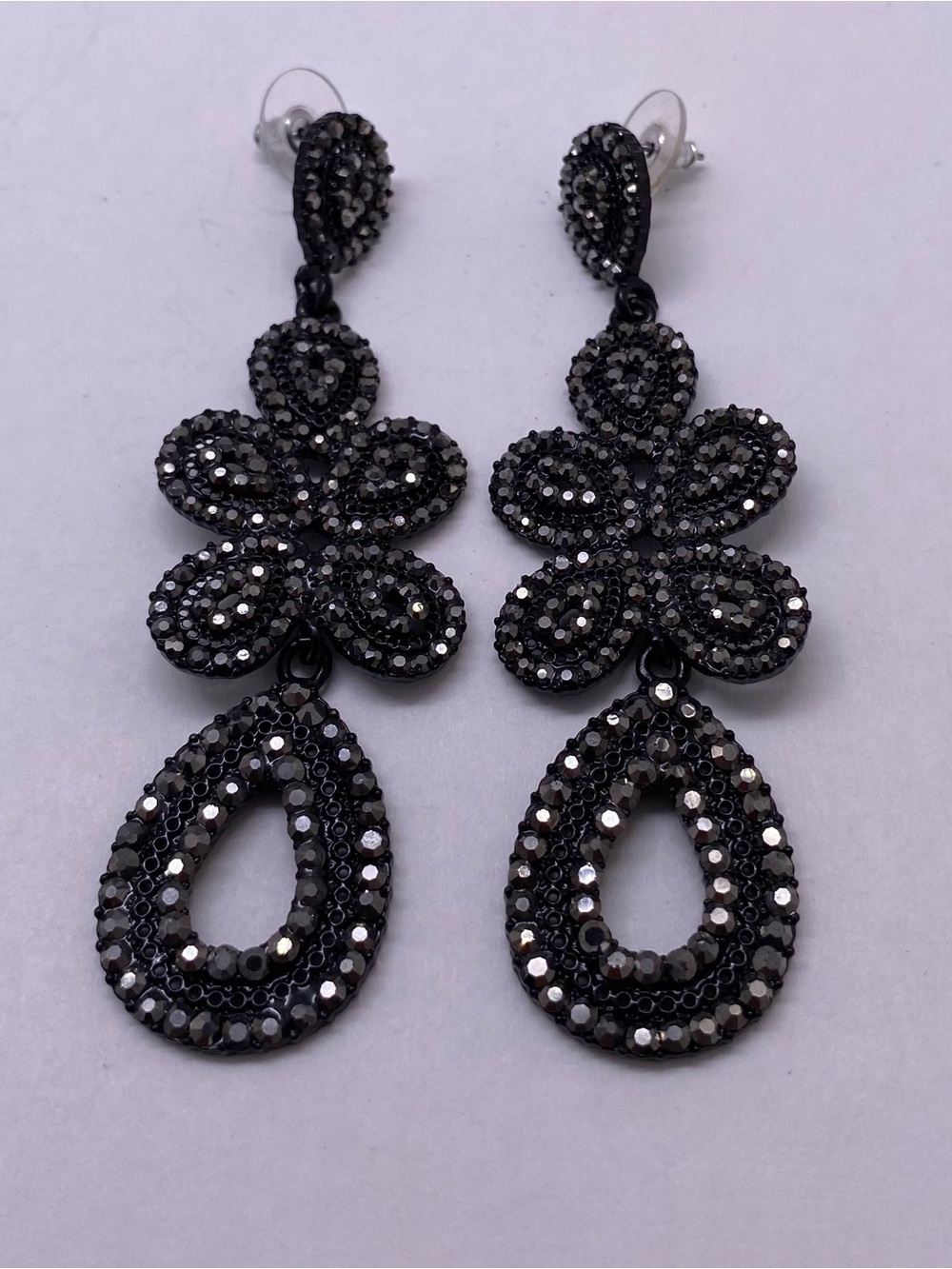 Vintage Huge Black Crystal Teardrop Flower Dangle Earrings